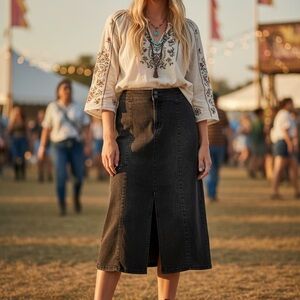 We The Free (Free People) Black Denim Maddie Midi Skirt w/Front Slit-Size M-